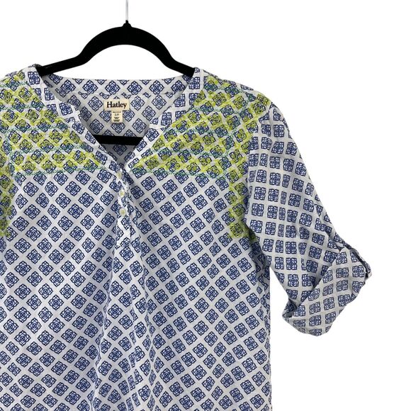 Hatley 3/4 Sleeve Blue & White Geometric Print V Neck Tunic Top Small - Picture 3 of 4